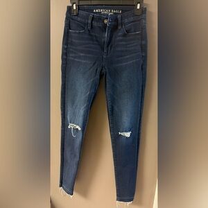 American Eagle Outfitters Women's Dark Blue Ripped Skinny Jeans